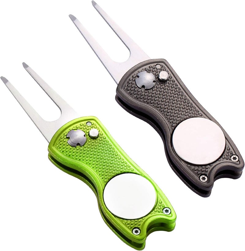 Fpxnb 2 Pack Metal Foldable Golf Divot Tool with Pop-up Button & Magnetic Ball Marker (Pack of 2, Fish Design) - Image 1